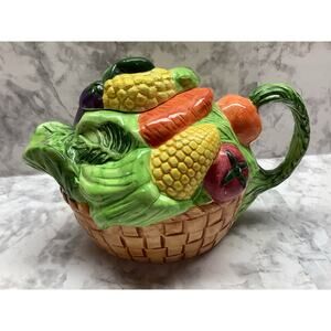 Culinary Collection Vintage Ceramic Teapot With Painted Vegetables